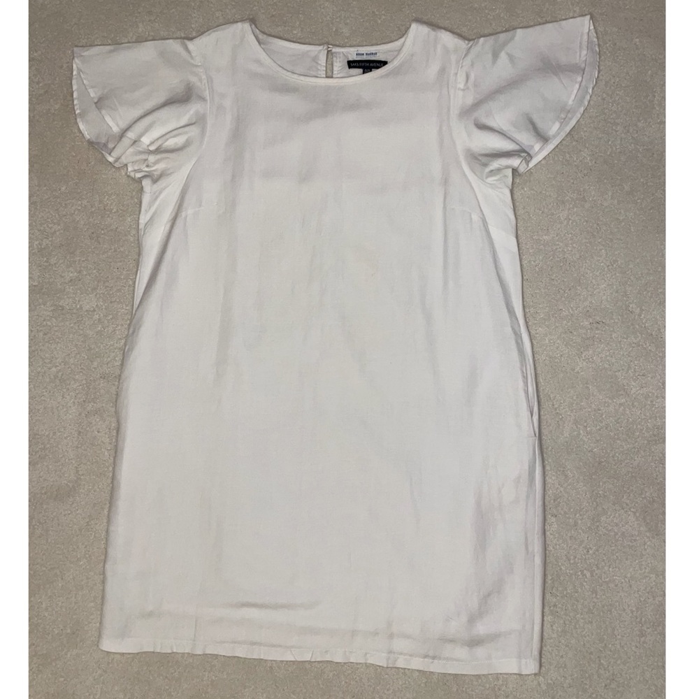 White Linen/Rayon/Cotton Shift Flutter-Sleeve Dress